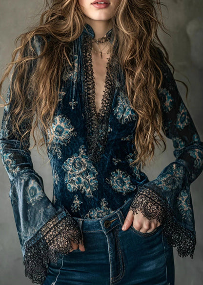 Chic Blue V Neck Lace Patchwork Velour Blouse Top Flare Sleeve