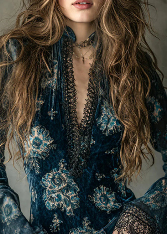 Chic Blue V Neck Lace Patchwork Velour Blouse Top Flare Sleeve