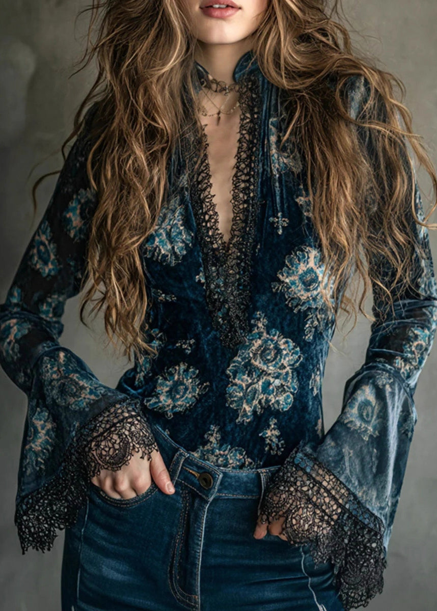 Chic Blue V Neck Lace Patchwork Velour Blouse Top Flare Sleeve