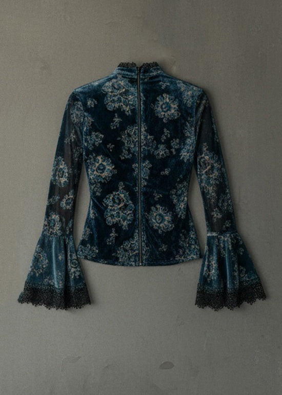 Chic Blue V Neck Lace Patchwork Velour Blouse Top Flare Sleeve