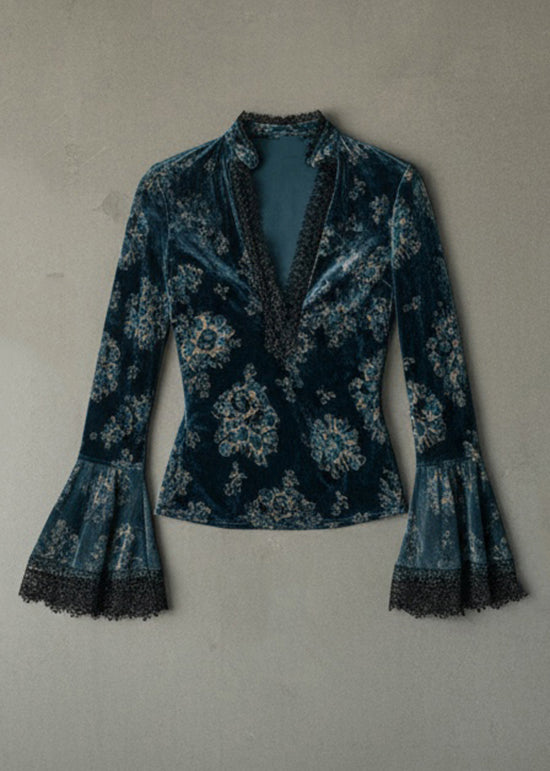 Chic Blue V Neck Lace Patchwork Velour Blouse Top Flare Sleeve