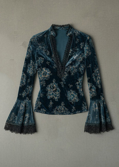 Chic Blue V Neck Lace Patchwork Velour Blouse Top Flare Sleeve