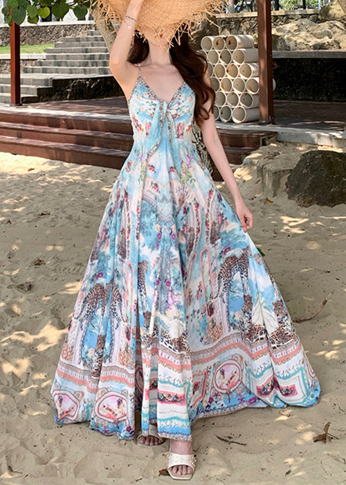 Chic Blue V Neck Print Cotton Spaghetti Strap Dress Sleeveless