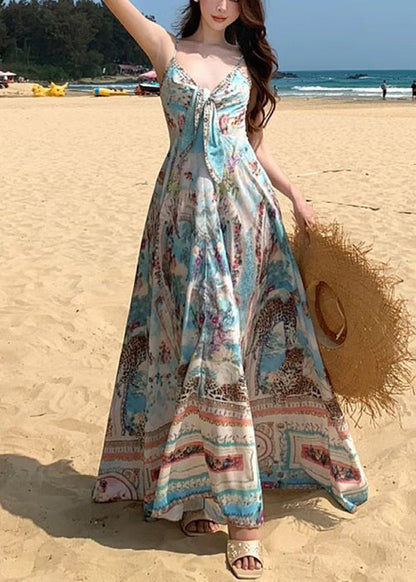 Chic Blue V Neck Print Cotton Spaghetti Strap Dress Sleeveless