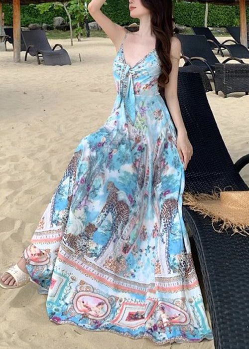 Chic Blue V Neck Print Cotton Spaghetti Strap Dress Sleeveless