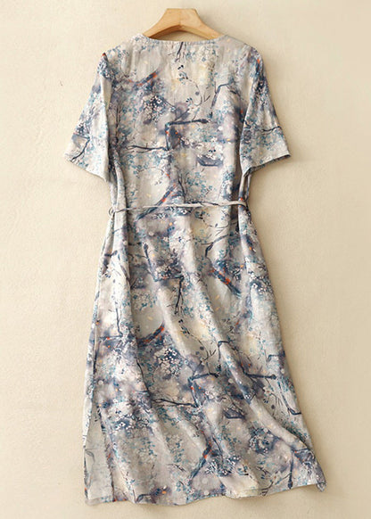 Chic Blue V Neck Print Tie Waist Cotton Dresses Summer