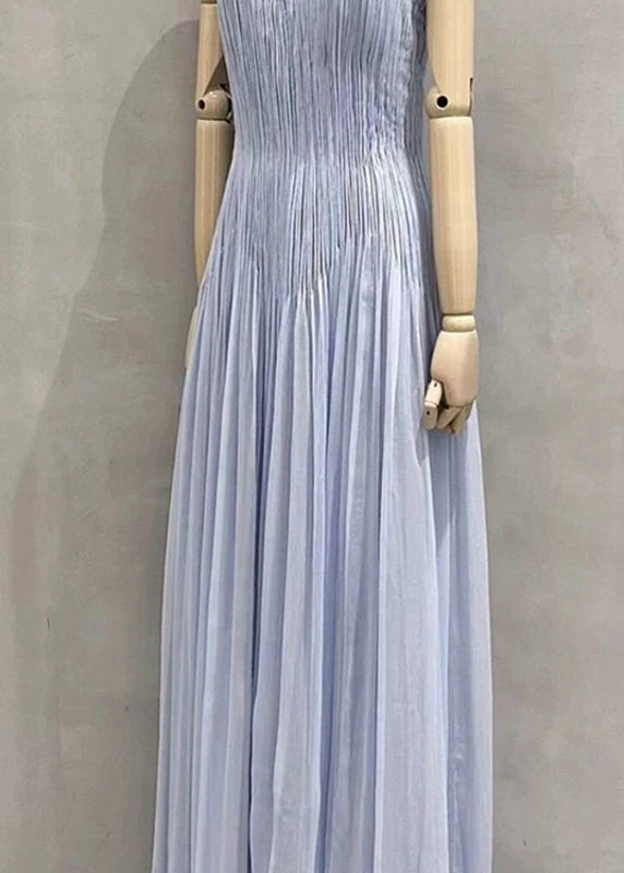 Chic Blue V Neck Wrinkled Cotton Spaghetti Strap Dress Summer