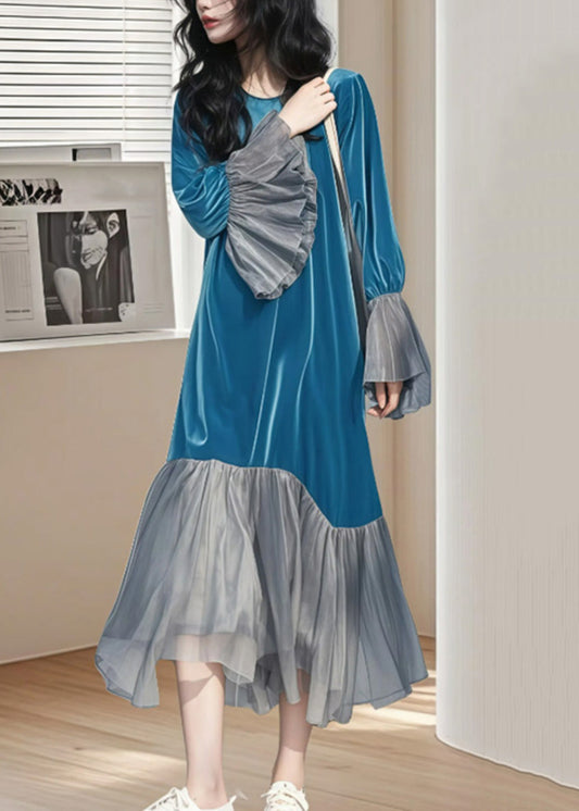 Chic Blue Wrinkled Patchwork Silk Velvet Long Dress Flare Sleeve