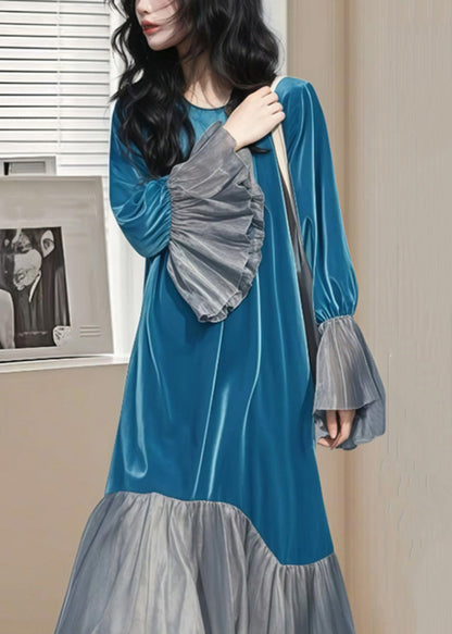 Chic Blue Wrinkled Patchwork Silk Velvet Long Dress Flare Sleeve