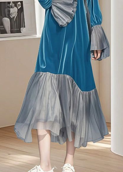 Chic Blue Wrinkled Patchwork Silk Velvet Long Dress Flare Sleeve