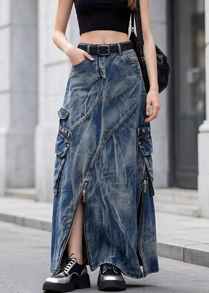 Chic Blue Zip Up Pockets Tie Dye Denim Skirts Spring