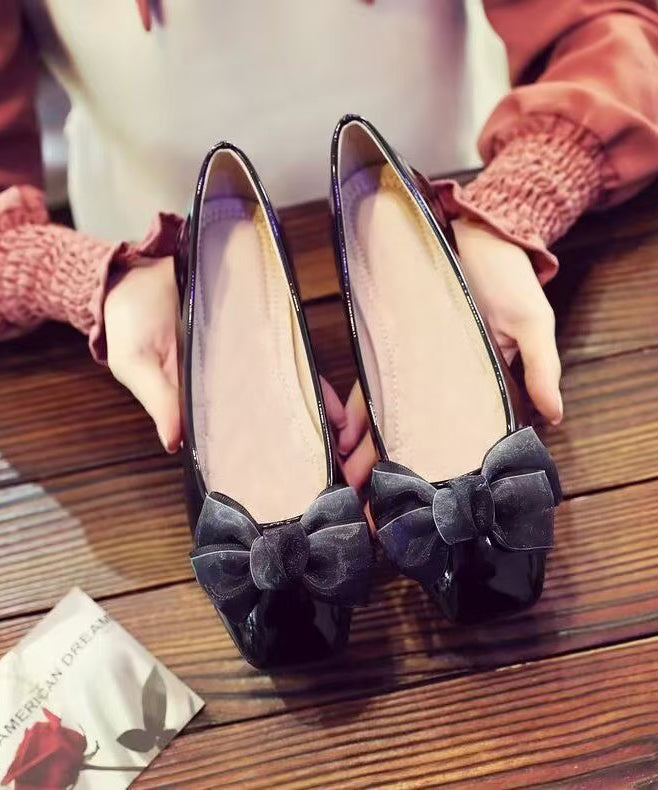 Chic Bow Flat Shoes For Women Black Faux Leather