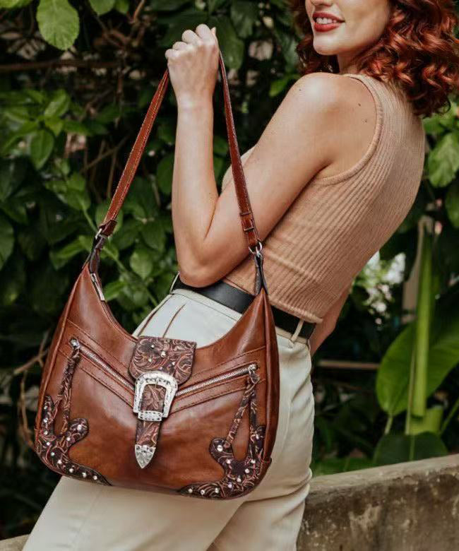 Chic Brown Appliqued Rivet Faux Leather Shoulder Bags
