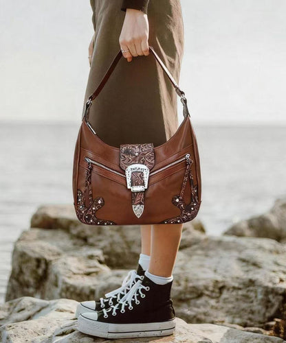 Chic Brown Appliqued Rivet Faux Leather Shoulder Bags