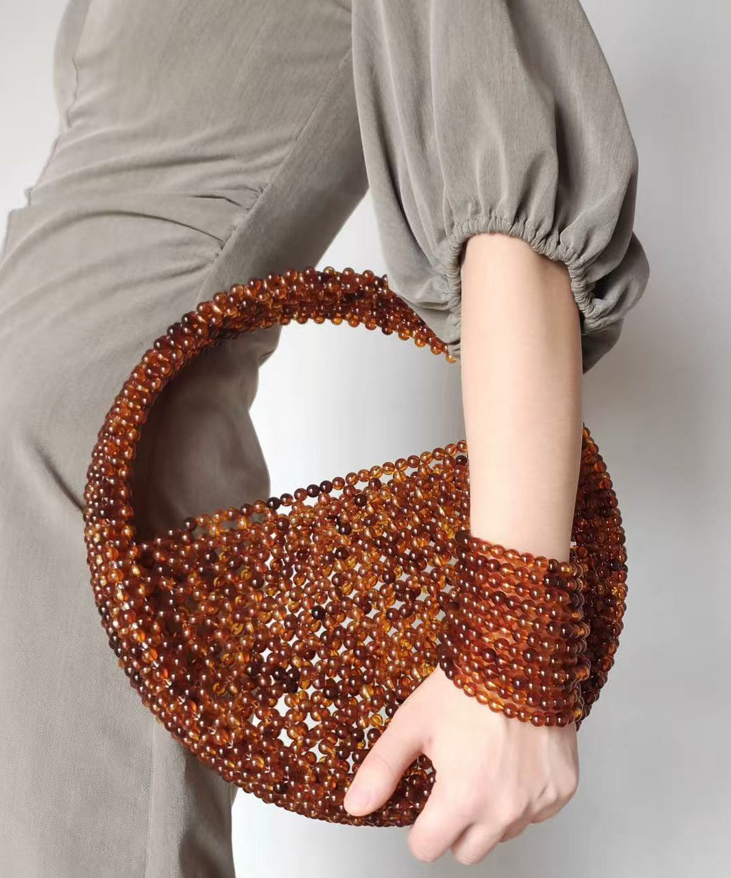Chic Brown Beading Weave Circular Cut Out Tote