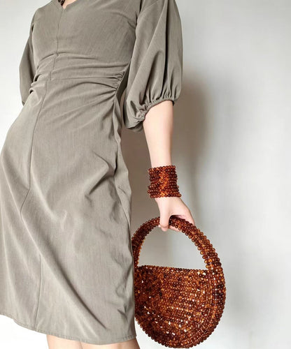 Chic Brown Beading Weave Circular Cut Out Tote