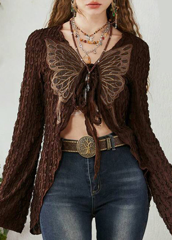 Chic Brown Butterfly Lace Up Patchwork Knitting Cotton Cardigan Spring