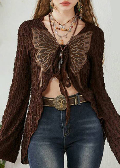 Chic Brown Butterfly Lace Up Patchwork Knitting Cotton Cardigan Spring