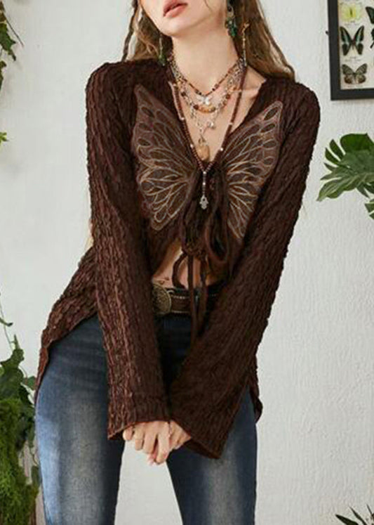 Chic Brown Butterfly Lace Up Patchwork Knitting Cotton Cardigan Spring