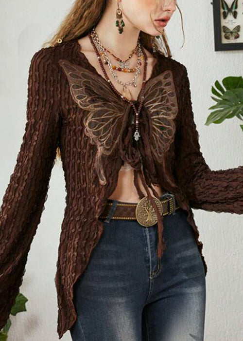 Chic Brown Butterfly Lace Up Patchwork Knitting Cotton Cardigan Spring