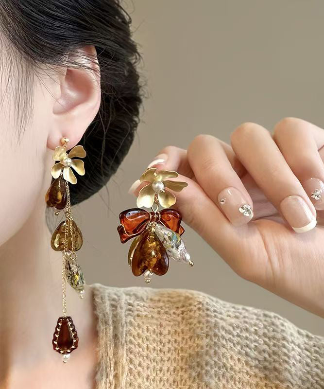 Chic Brown Copper Overgild Zircon Asymmetrical Floral Tassel Drop Earrings