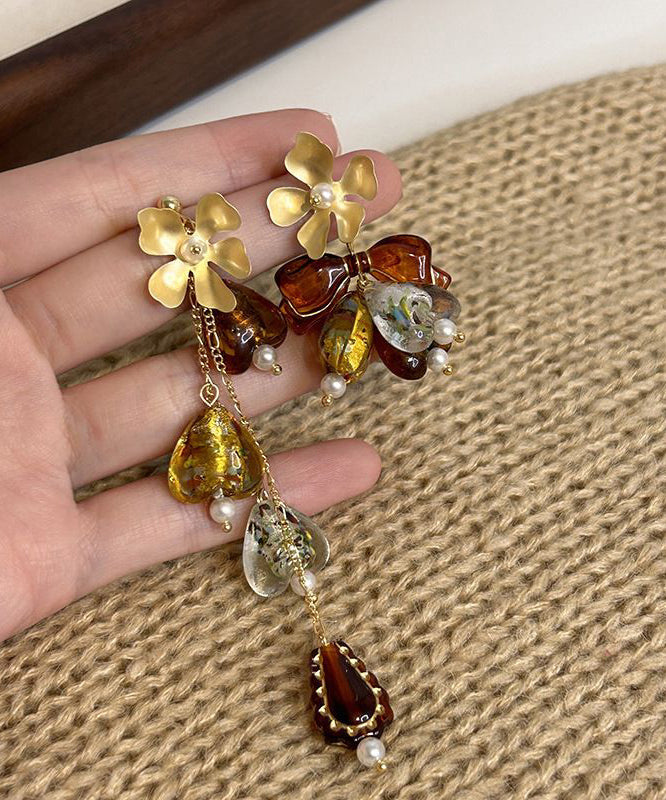 Chic Brown Copper Overgild Zircon Asymmetrical Floral Tassel Drop Earrings