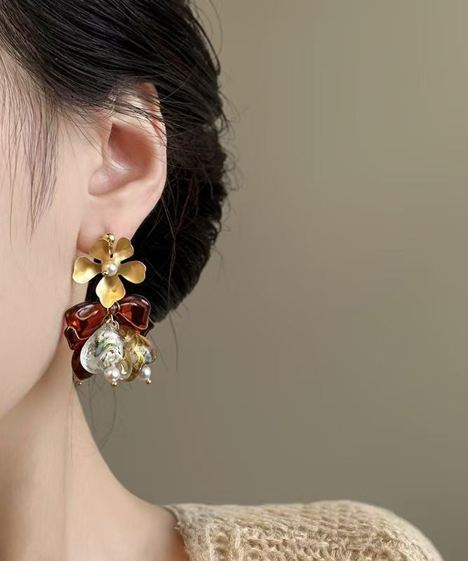 Chic Brown Copper Overgild Zircon Asymmetrical Floral Tassel Drop Earrings