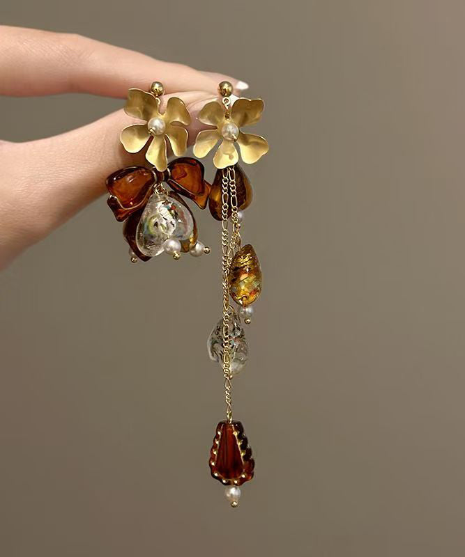 Chic Brown Copper Overgild Zircon Asymmetrical Floral Tassel Drop Earrings