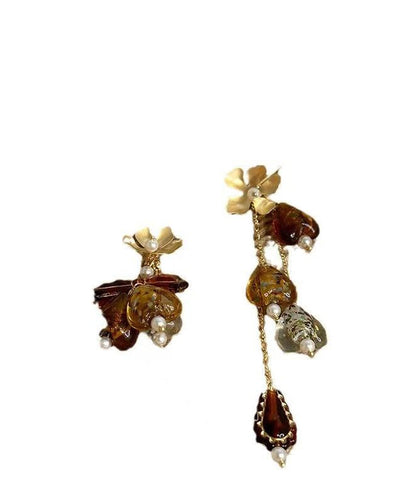 Chic Brown Copper Overgild Zircon Asymmetrical Floral Tassel Drop Earrings