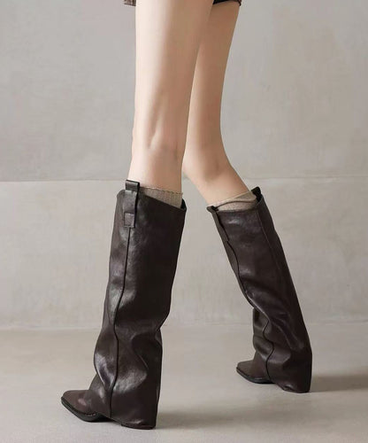 Chic Brown Cowhide Leather Splicing Chunky Boots