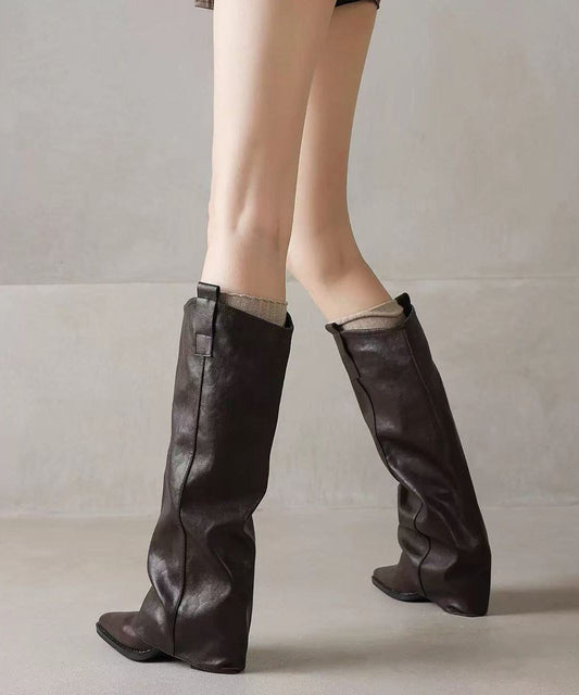 Chic Brown Cowhide Leather Splicing Chunky Boots