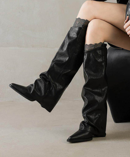 Chic Brown Cowhide Leather Splicing Chunky Boots