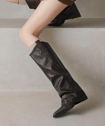 Chic Brown Cowhide Leather Splicing Chunky Boots