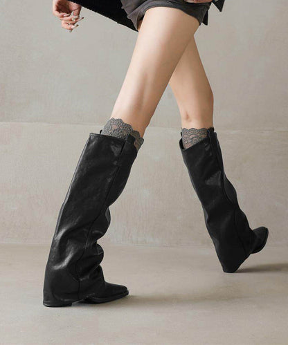 Chic Brown Cowhide Leather Splicing Chunky Boots