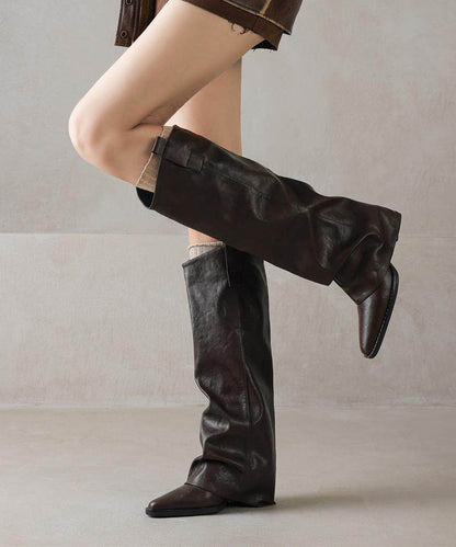 Chic Brown Cowhide Leather Splicing Chunky Boots