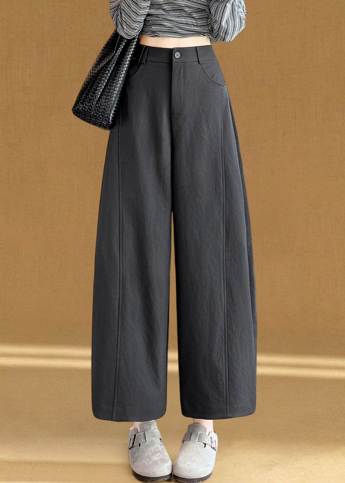 Chic Brown Elastic Waist Cotton Crop Pants Fall