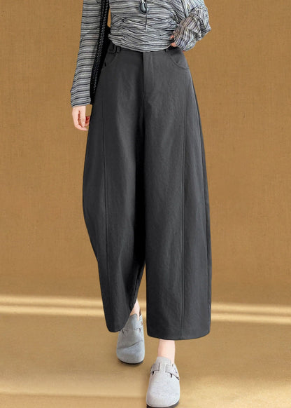 Chic Brown Elastic Waist Cotton Crop Pants Fall