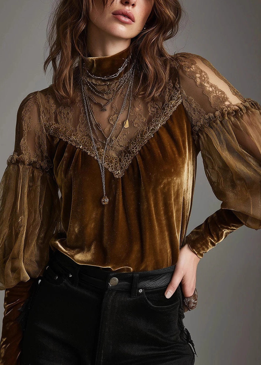 Chic Brown Hign Neck Tulle Lace Patchwork Velour Shirts Fall