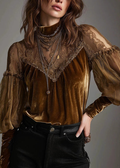 Chic Brown Hign Neck Tulle Lace Patchwork Velour Shirts Fall