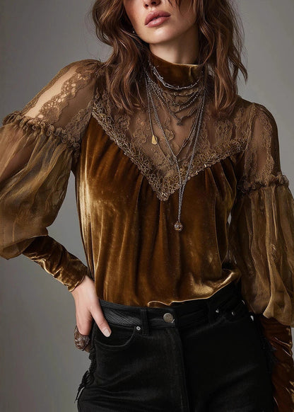 Chic Brown Hign Neck Tulle Lace Patchwork Velour Shirts Fall