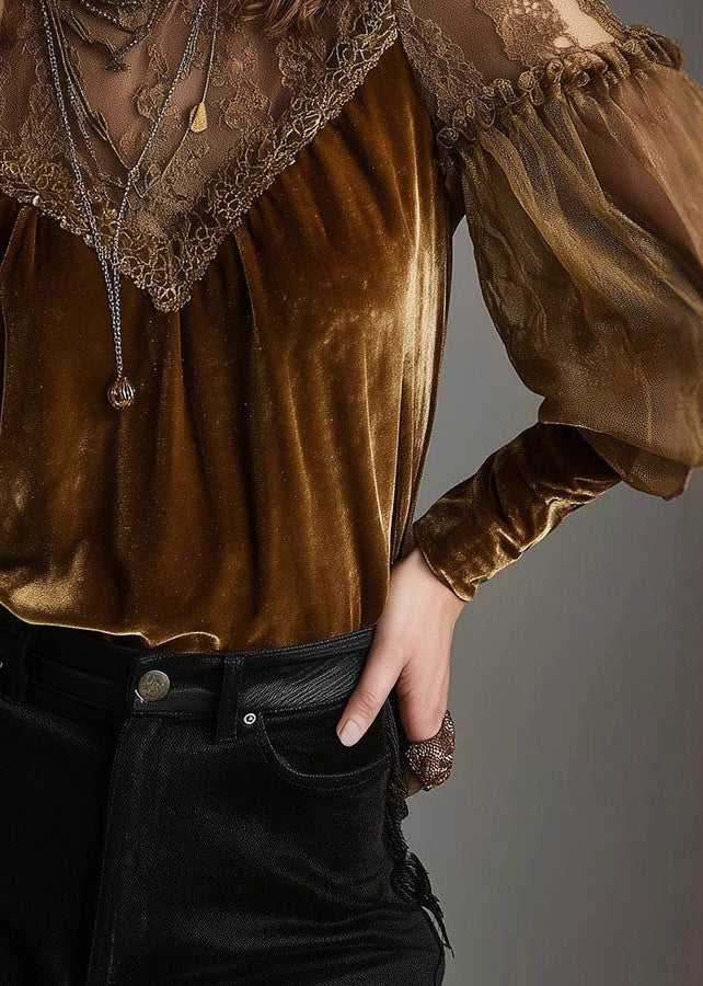 Chic Brown Hign Neck Tulle Lace Patchwork Velour Shirts Fall