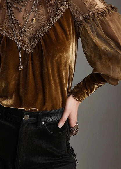 Chic Brown Hign Neck Tulle Lace Patchwork Velour Shirts Fall