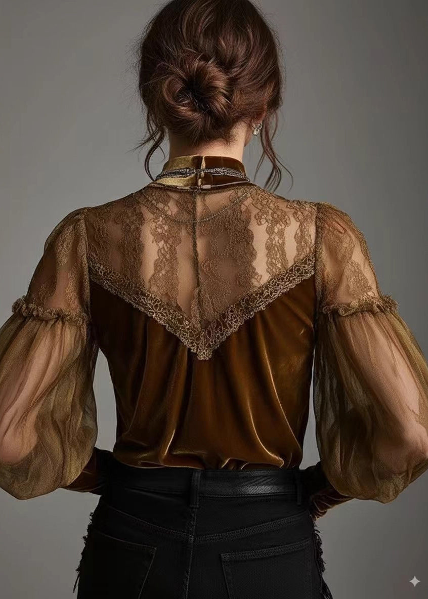 Chic Brown Hign Neck Tulle Lace Patchwork Velour Shirts Spring