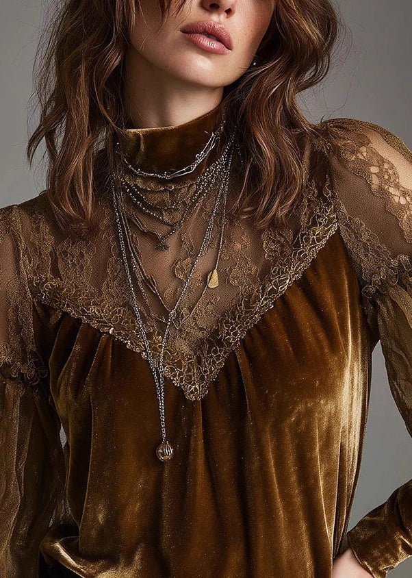 Chic Brown Hign Neck Tulle Lace Patchwork Velour Shirts Spring