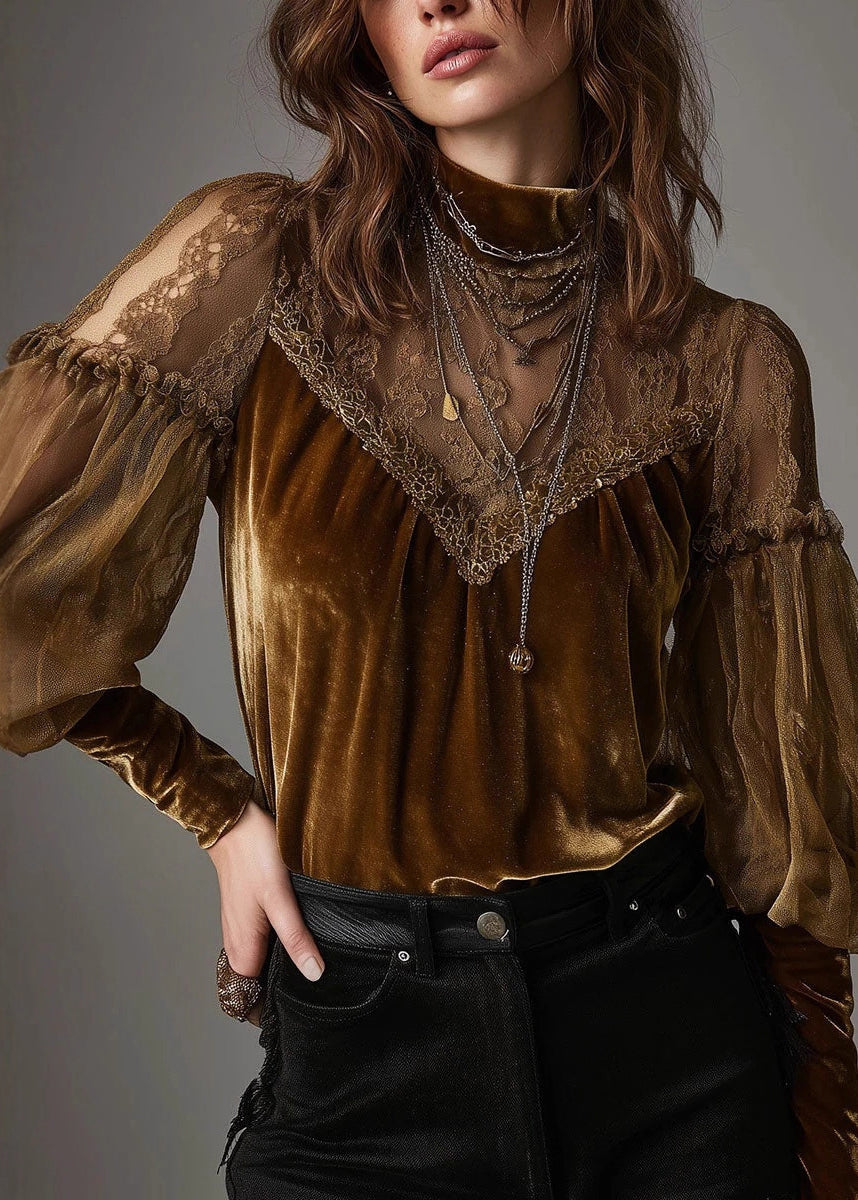 Chic Brown Hign Neck Tulle Lace Patchwork Velour Shirts Spring