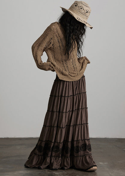 Chic Brown Hooded Hollow Out Knit Loose Pullover Spring