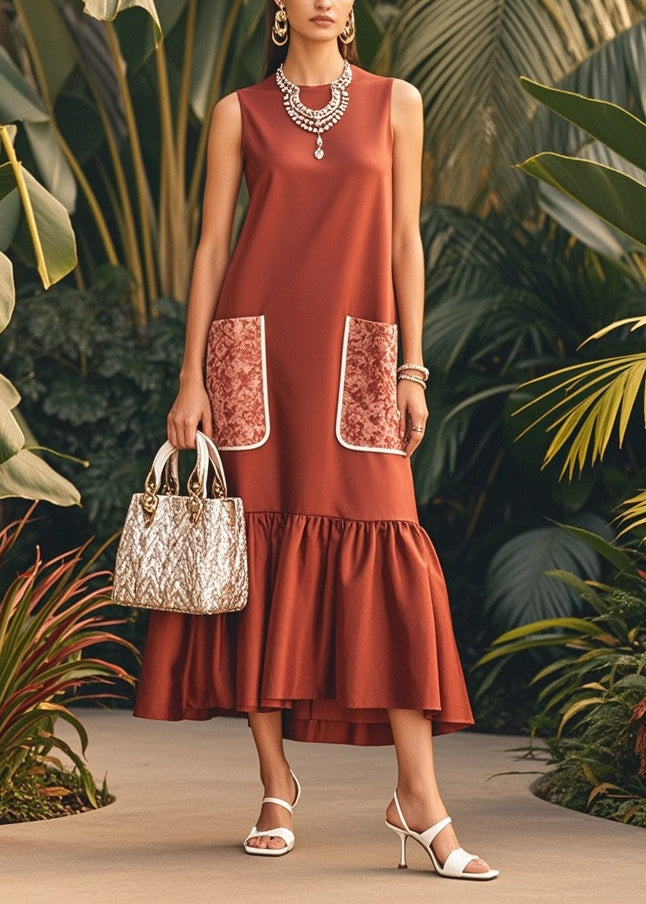 Chic Brown O-Neck Patchwork Pockets Silk Maxi Dress Sleeveless
