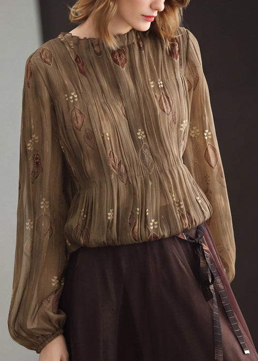 Chic Brown O-Neck Ruffled Jacquard Pleated Chiffon Tops Long sleeve