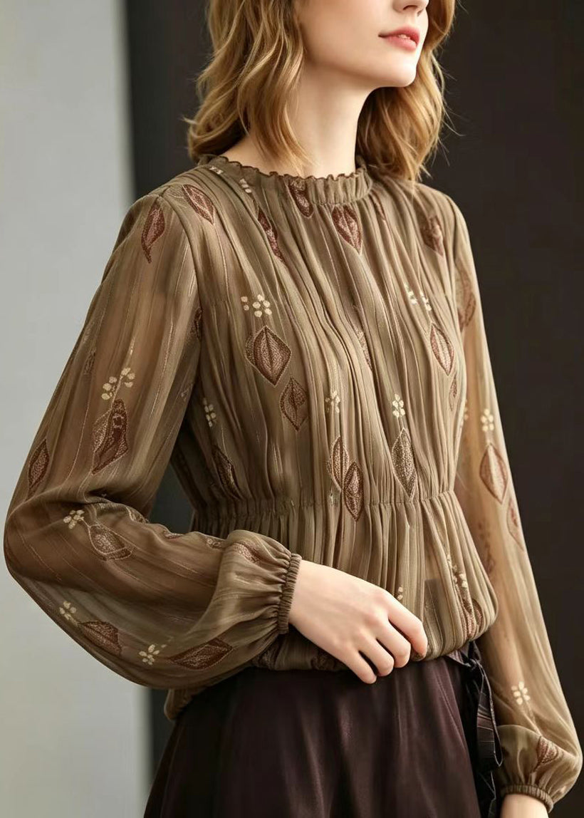 Chic Brown O-Neck Ruffled Jacquard Pleated Chiffon Tops Long sleeve