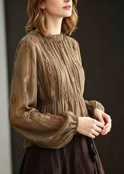 Chic Brown O-Neck Ruffled Jacquard Pleated Chiffon Tops Long sleeve
